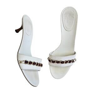 Y2k Gucci Kitten Heels Mule Sandals White w/ Gold Chain Detail - Size 36